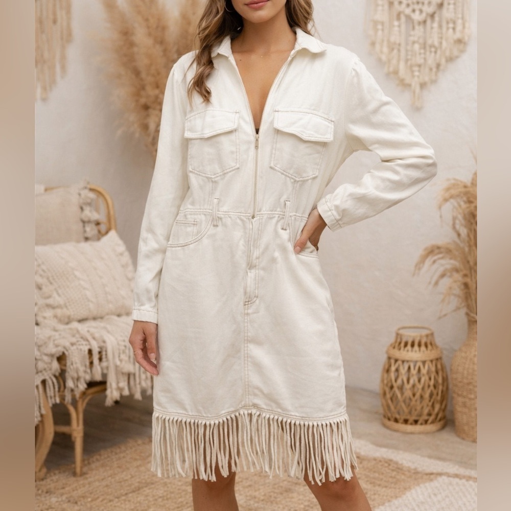 NWT Oyrosy Denim Fringe White Boho Dress Size Large